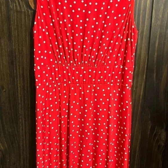 LONDON TIMES Sleeveless Flare Midi Dress Red with White Polkadots-Size: US 8 - Picture 9 of 10